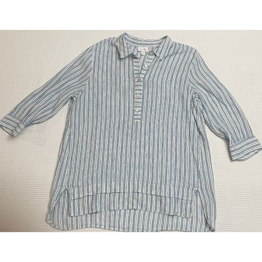 J.Jill Love Linen Woman S Tunic Blouse Blue White Stripe Beachy Summer